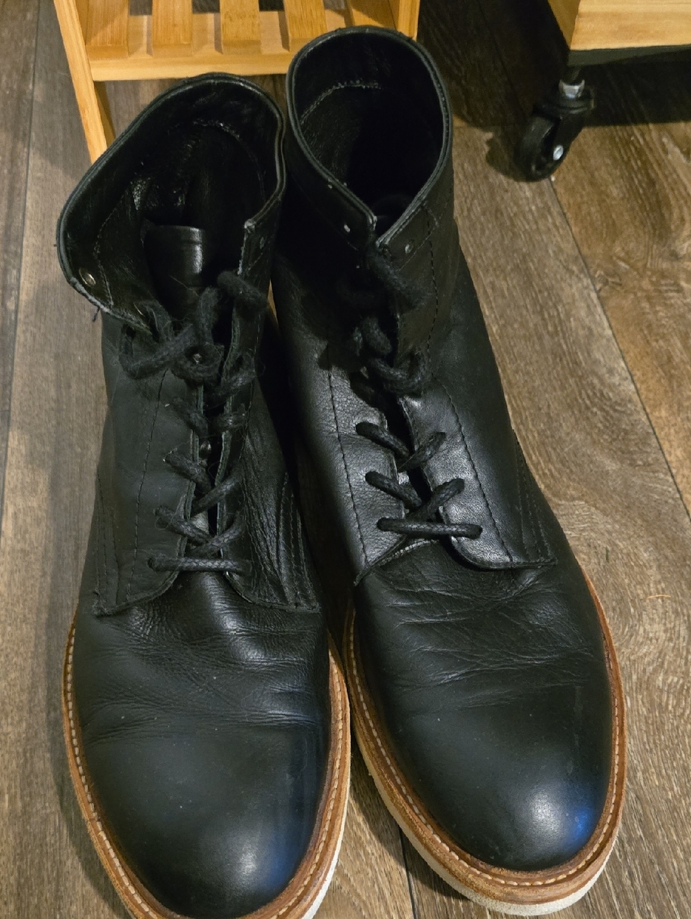 Frye Black Leather Lace-Up Men's Boots with Stacked Brown Sole
